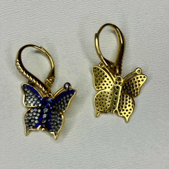 Beautiful Gold Plated 925 Blue Rhinestone Butterfly Earrings - Picture 6 of 10